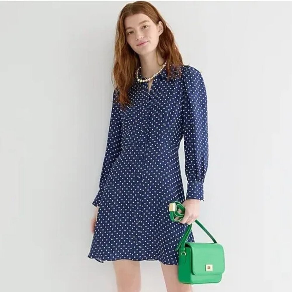 J. Crew Cupro Shirtdress in Becklow Dot, Navy